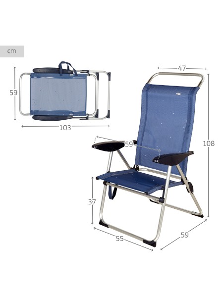 Silla playa alta multiposición 47x59x108 cm azul marino