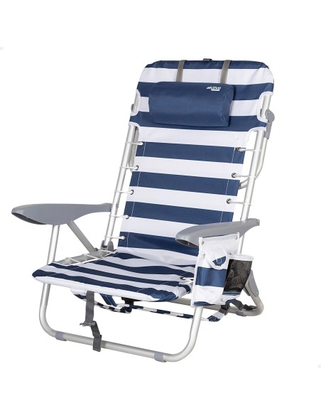 Chaise de plage basse multiposition XL 50x45x76 cm avec rayures marinières, pochette et coussin