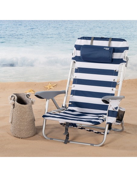 Chaise de plage basse multiposition XL 50x45x76 cm avec rayures marinières, pochette et coussin