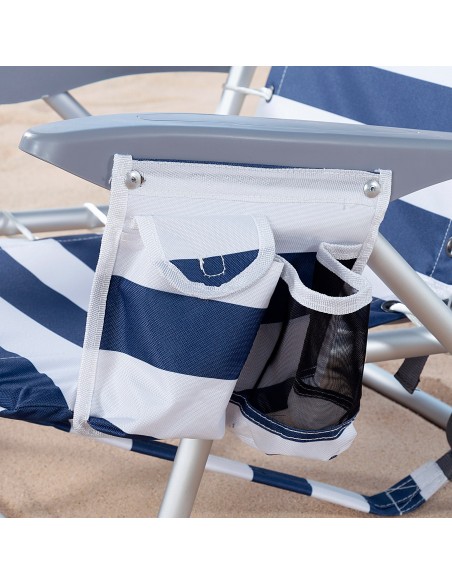 Chaise de plage basse multiposition XL 50x45x76 cm avec rayures marinières, pochette et coussin