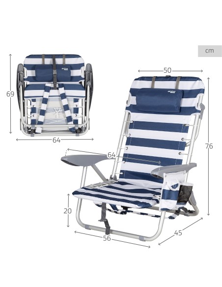 Chaise de plage basse multiposition XL 50x45x76 cm avec rayures marinières, pochette et coussin