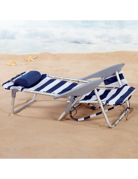 Chaise de plage basse multiposition XL 50x45x76 cm avec rayures marinières, pochette et coussin