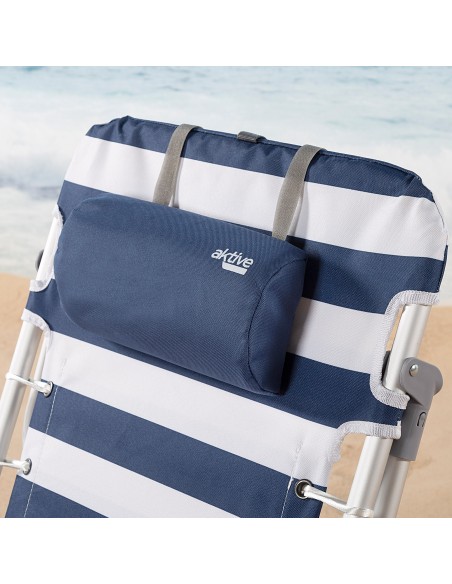 Chaise de plage basse multiposition XL 50x45x76 cm avec rayures marinières, pochette et coussin
