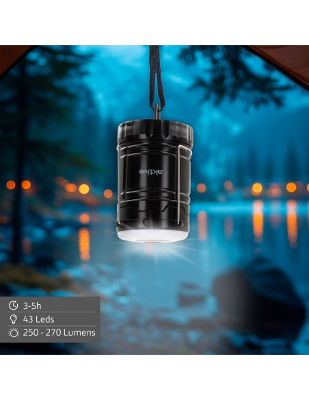 Lampe de camping LED 4 en 1 à piles 270 lumens avec crochet