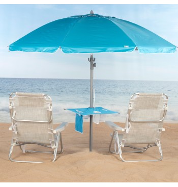 Parasol de plage coupe-vent 8 tiges 210 cm bleu avec table 2