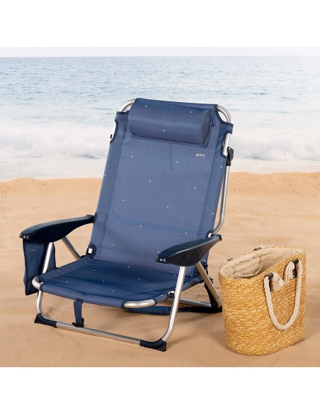 Chaise de plage basse multiposition XL 51x45x76 cm bleu marine