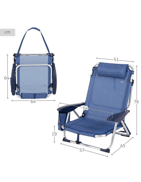 Chaise de plage basse multiposition XL 51x45x76 cm bleu marine