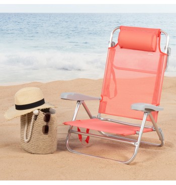 Chaise de plage basse multipositions 47x49x82 cm corail 2