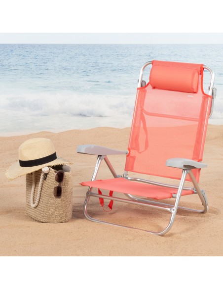 Chaise de plage basse multipositions 47x49x82 cm corail