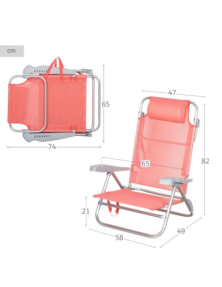 Chaise de plage basse multipositions 47x49x82 cm corail