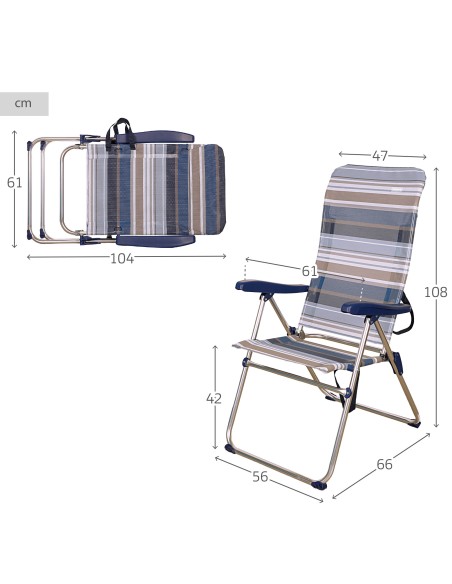 Chaise de plage haute multipositions 47x67x110 cm à rayures