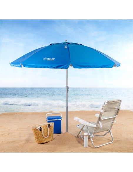 Parapluie de plage coupe-vent 8 tiges 200 cm bleu avec spirale d'ancrage
