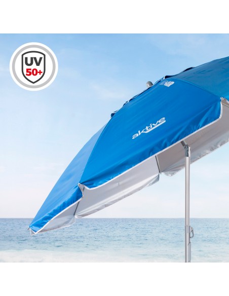 Parapluie de plage coupe-vent 8 tiges 200 cm bleu avec spirale d'ancrage