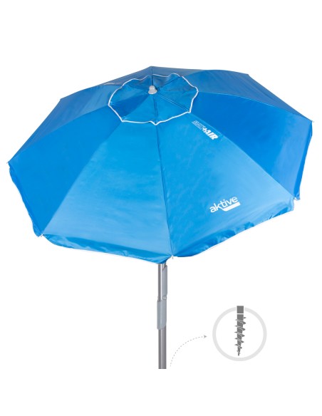 Parapluie de plage coupe-vent 8 cannes 220 cm bleu spirale ancre