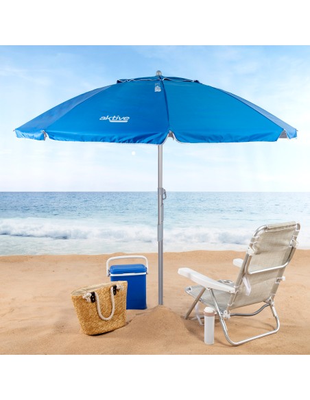 Parapluie de plage coupe-vent 8 cannes 220 cm bleu spirale ancre