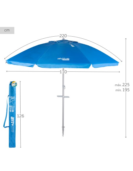 Parapluie de plage coupe-vent 8 cannes 220 cm bleu spirale ancre
