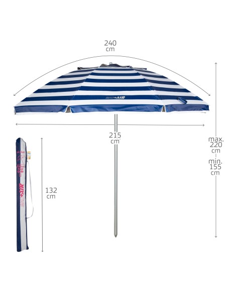 Parapluie de plage coupe-vent 8 tiges 240 cm rayures marinières