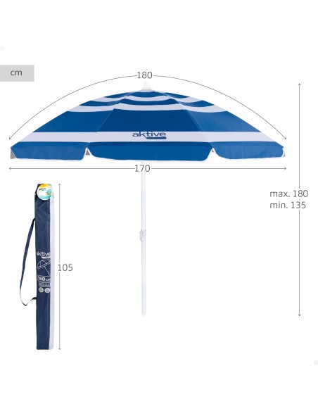 Parapluie de plage 8 tiges 180 cm rayures bleu marine