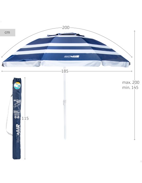 Parapluie de plage coupe-vent 8 cannes 200 cm rayures bleues