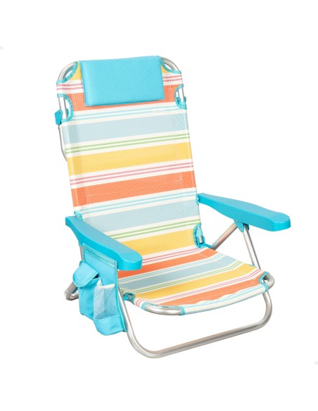 Chaise de plage basse multi-positions 48x48x75 cm rayures colorées avec poche et coussin