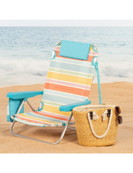 Chaise de plage basse multi-positions 48x48x75 cm rayures colorées avec poche et coussin
