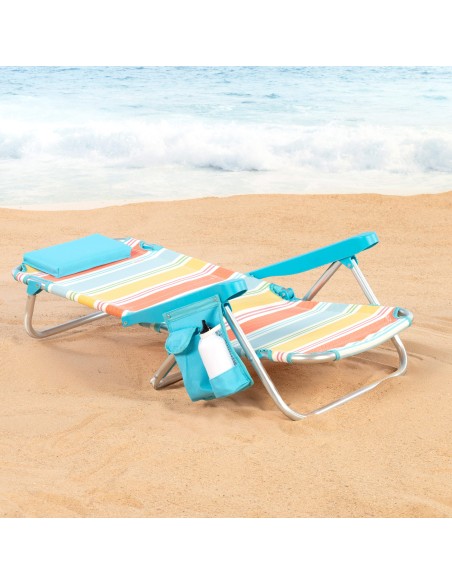 Chaise de plage basse multi-positions 48x48x75 cm rayures colorées avec poche et coussin