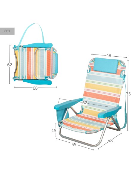 Chaise de plage basse multi-positions 48x48x75 cm rayures colorées avec poche et coussin