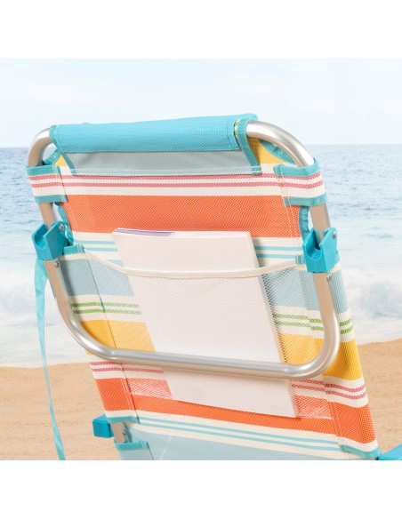 Chaise de plage basse multi-positions 48x48x75 cm rayures colorées avec poche et coussin