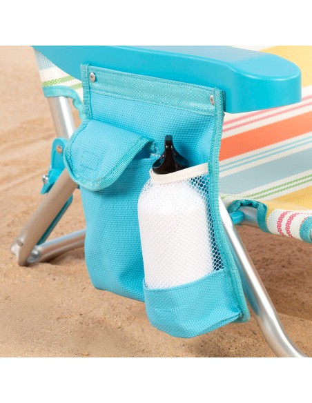 Chaise de plage basse multi-positions 48x48x75 cm rayures colorées avec poche et coussin