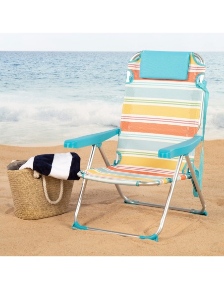 Chaise de plage multi-positions 48x60x90 cm rayures colorées avec poche et coussin