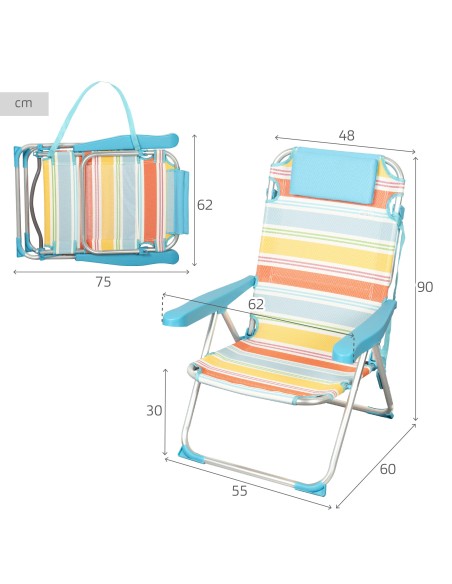 Chaise de plage multi-positions 48x60x90 cm rayures colorées avec poche et coussin