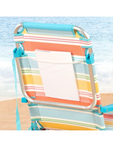 Chaise de plage multi-positions 48x60x90 cm rayures colorées avec poche et coussin