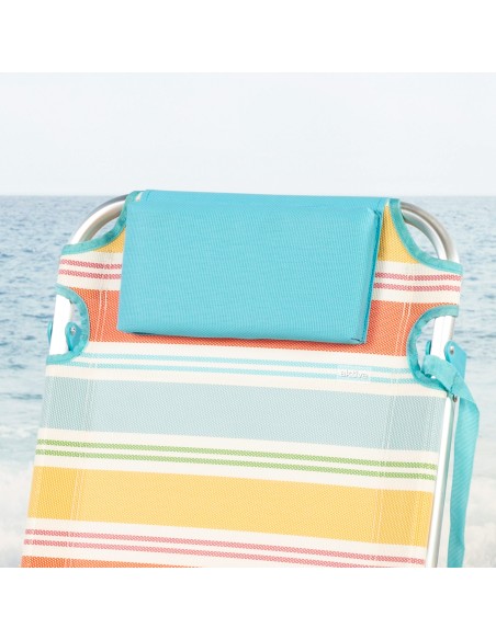 Chaise de plage multi-positions 48x60x90 cm rayures colorées avec poche et coussin