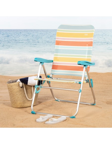 Chaise de plage haute multi-positions 48x65x95 cm rayures colorées