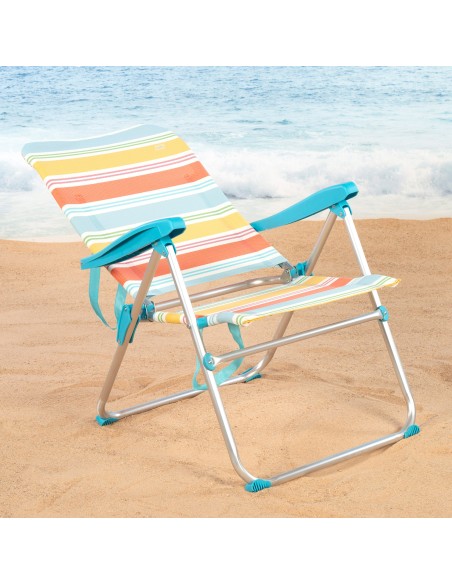 Chaise de plage haute multi-positions 48x65x95 cm rayures colorées