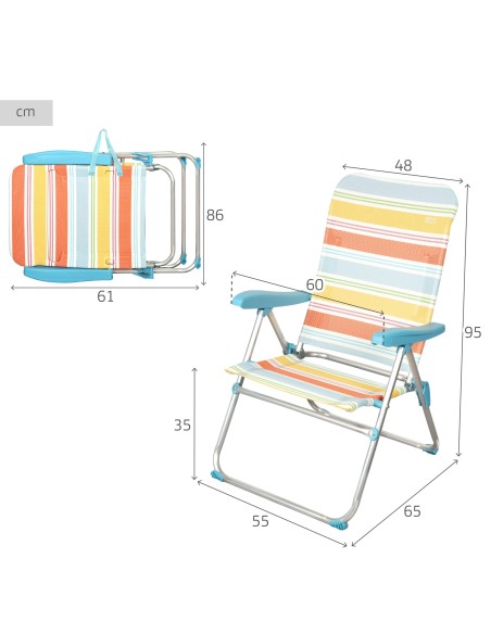 Chaise de plage haute multi-positions 48x65x95 cm rayures colorées