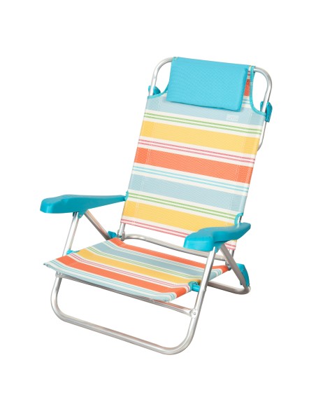 Chaise de plage basse multi-positions 50x48x80 cm rayures colorées avec poche et coussin