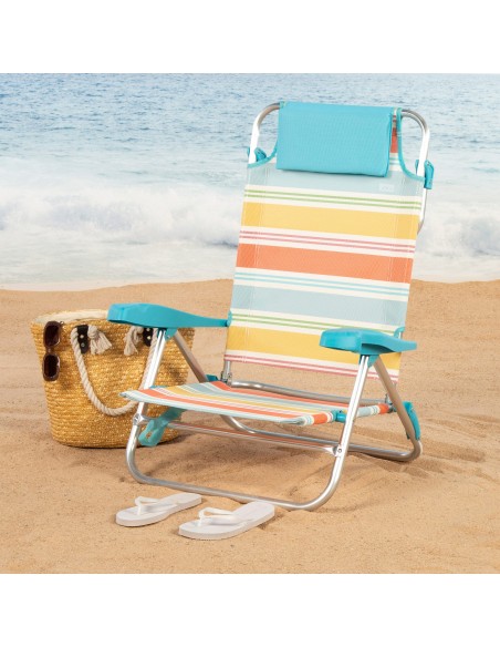 Chaise de plage basse multi-positions 50x48x80 cm rayures colorées avec poche et coussin