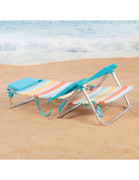 Chaise de plage basse multi-positions 50x48x80 cm rayures colorées avec poche et coussin