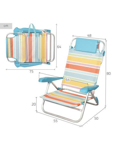 Chaise de plage basse multi-positions 50x48x80 cm rayures colorées avec poche et coussin