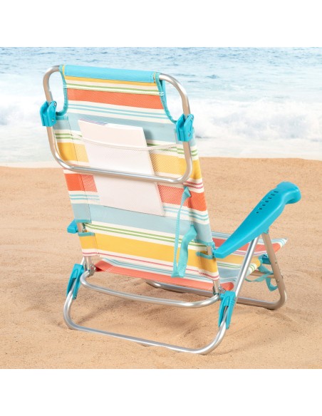 Chaise de plage basse multi-positions 50x48x80 cm rayures colorées avec poche et coussin