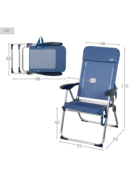 Chaise haute de plage multi-positions 48x65x110 cm bleu marine