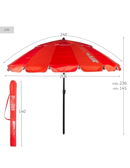 Parapluie de plage coupe-vent 16 tiges 240 cm rouge