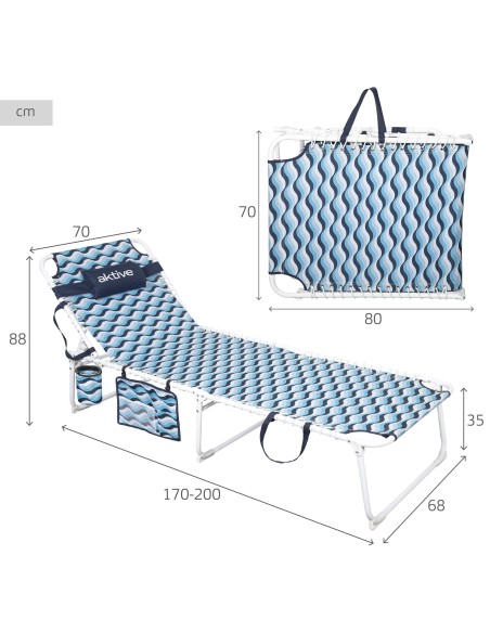 Chaise longue de plage 4 positions 200x70x88 cm bleu avec coussin