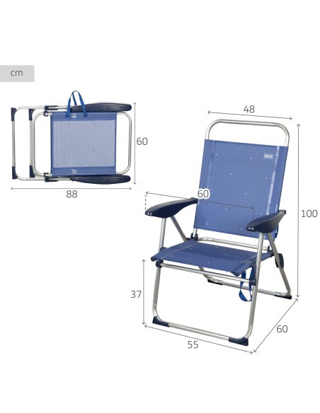 Chaise haute de plage multi-positions 48x60x100 cm bleu marine