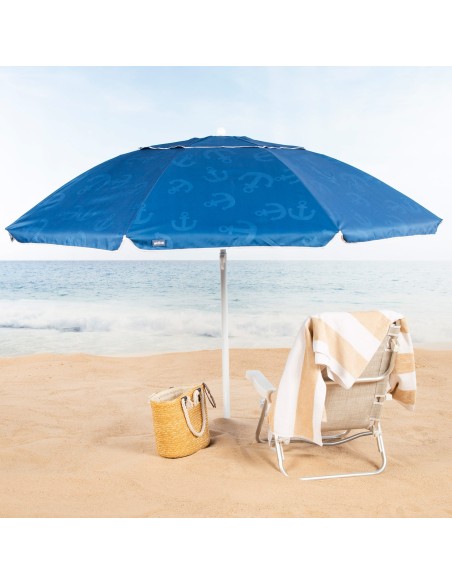 Parapluie de plage coupe-vent 8 tiges 220 cm bleu avec ancres