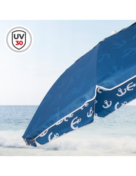 Parapluie de plage coupe-vent 8 tiges 220 cm bleu avec ancres