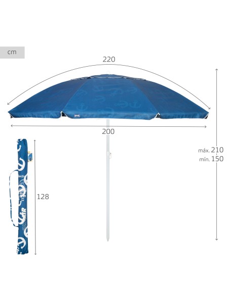 Parapluie de plage coupe-vent 8 tiges 220 cm bleu avec ancres