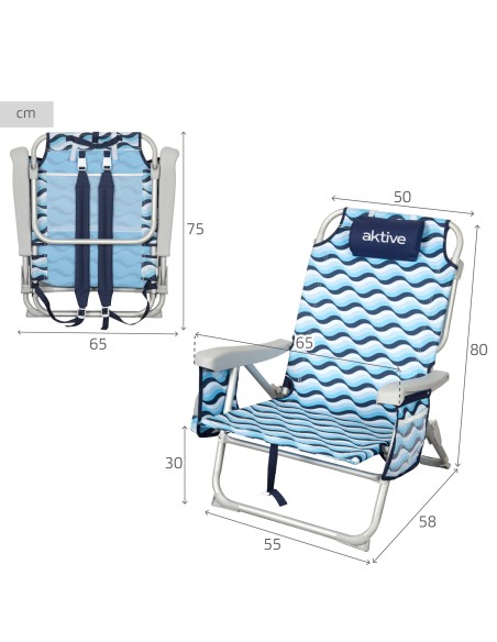 Chaise de plage basse XL multi-positions 50x58x80 cm bleu