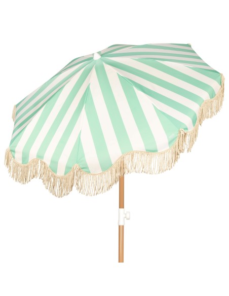 Parasol de plage 8 baleines, 200 cm, rayures émeraude avec franges